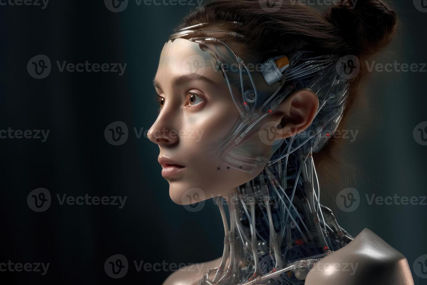 un hembra humano 500 años en el futuro creado con generativo ai tecnología. foto