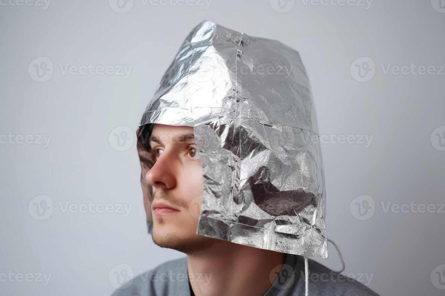 A person wears a small handmade hat made of aluminium foil on a light background to protect himself from radiation and conspiracy theory created with technology. photo