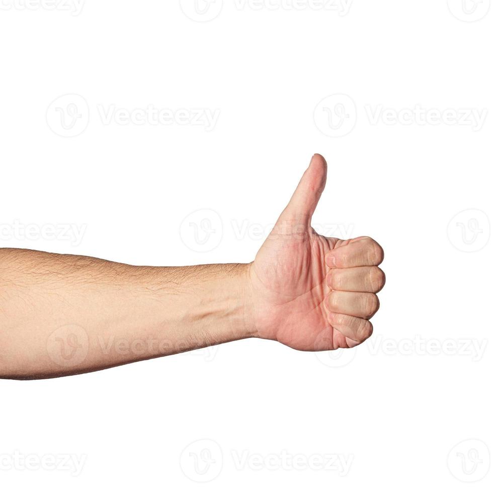 Man hand showing a gesture thumb up, as a like or agreement isolated at white background. Concept of voting, agreement and communication. photo