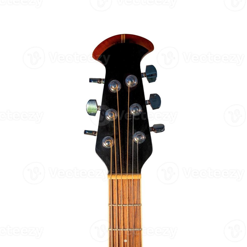 Stylish cherry in color wooden guitar neck with tuners and strings isolated at white background. Concept of music instruments and art. photo