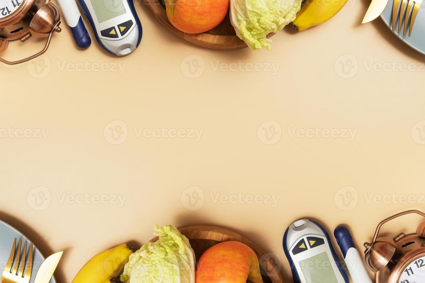 Glucose meter with cutlery and alarm clock on beige background with copy space flat lay, top view photo