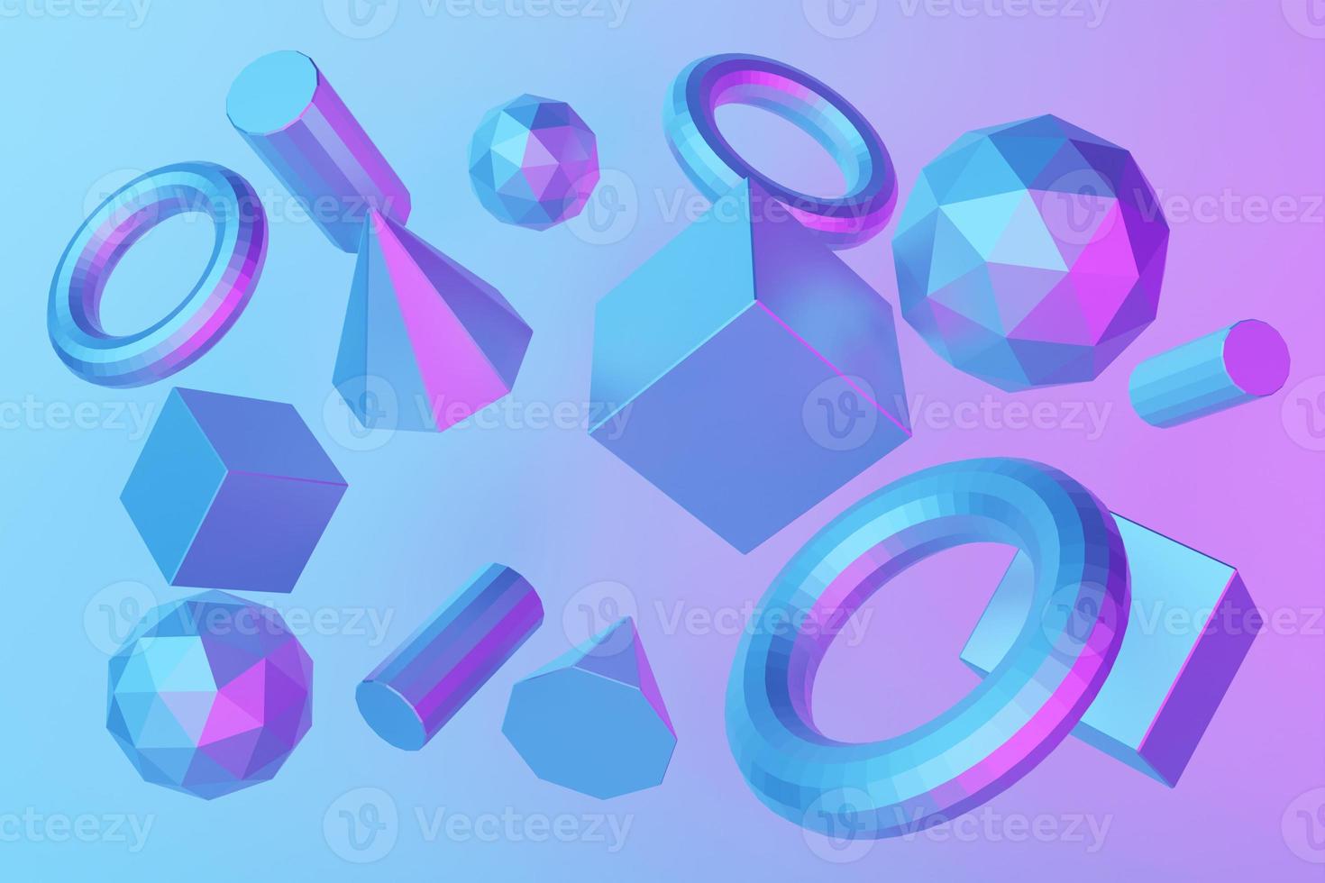 Set of 3D realistic primitives on a blue background. Isolated graphic elements. Spheres, torus, tubes, cones and other geometric shapes in pink, holographic color glass for trendy designs. photo