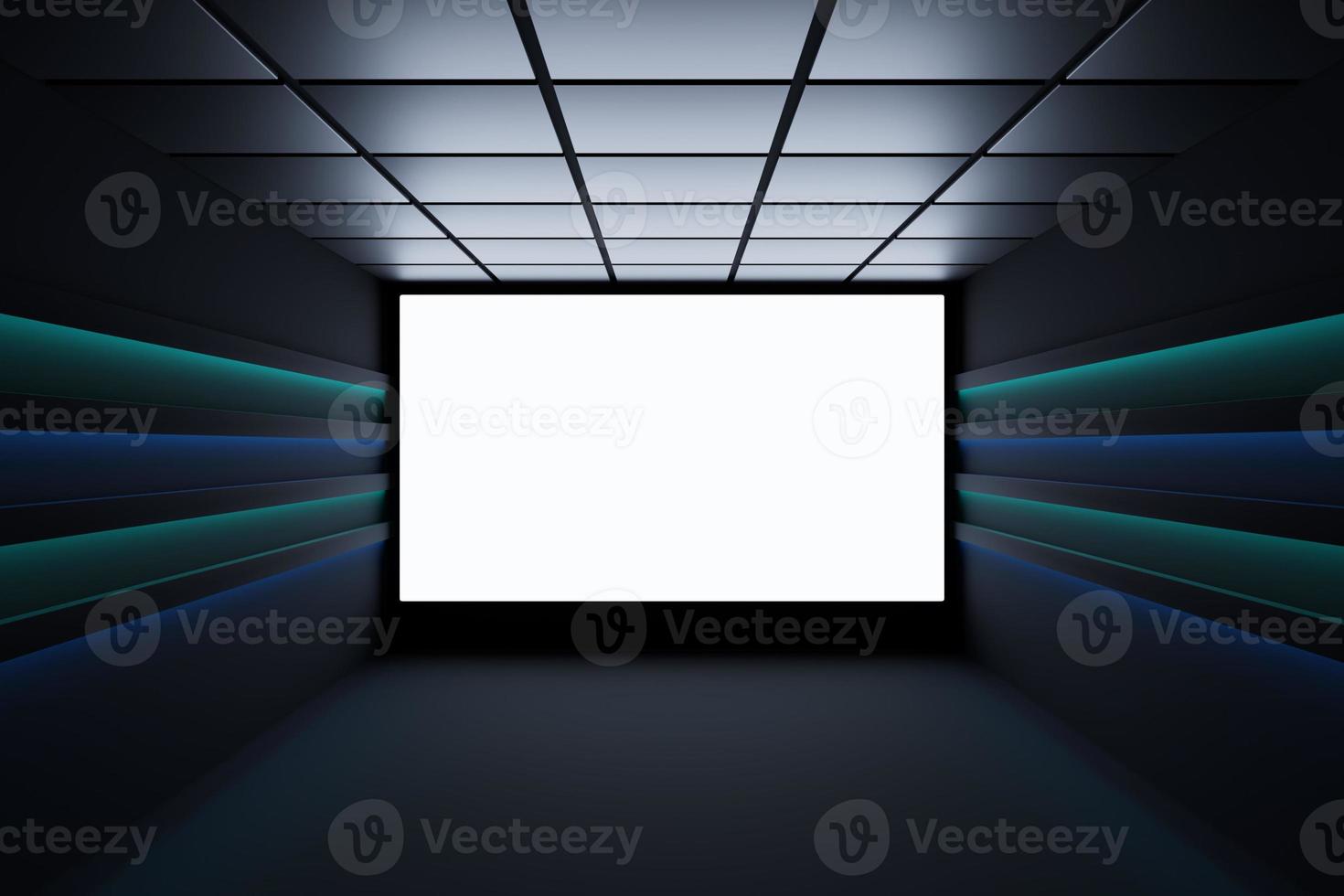 3d vistoso ilustración de concierto salón de el teatro con neón ligero. el interior de el salón en el teatro o cine ver de el etapa con blanco monitor foto