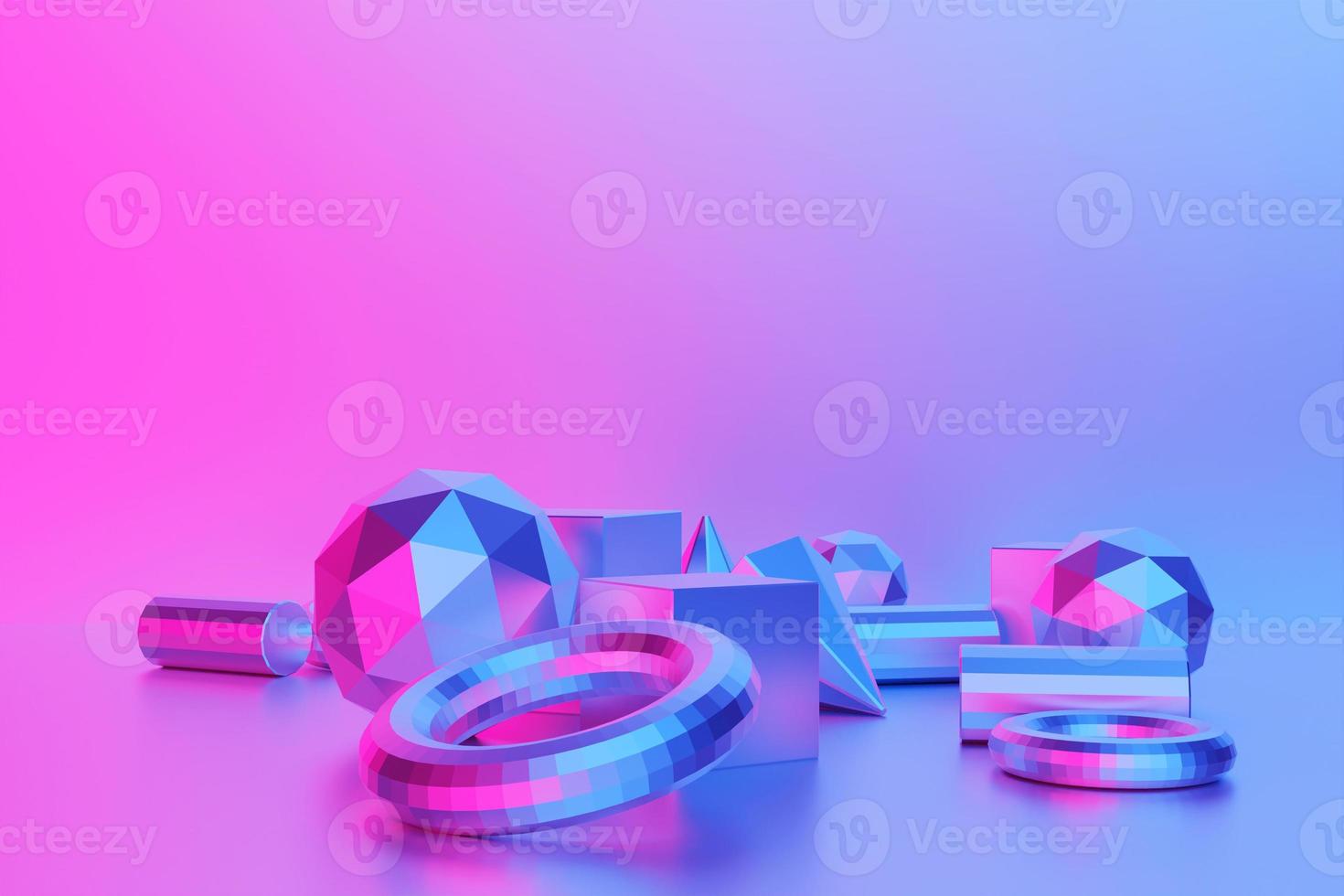 Set of 3D realistic primitives on a blue background. Isolated graphic elements. Spheres, torus, tubes, cones and other geometric shapes in pink, holographic color glass for trendy designs. photo