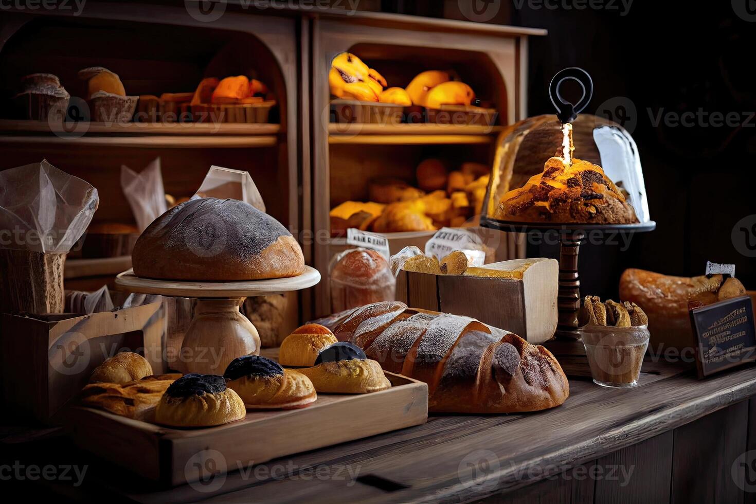 bakery interior with display counters full of scrumptious bread and pastries. Shop a patisserie or bakery with croissants, apple pies, waffles, and churros. Freshly baked pastries. photo