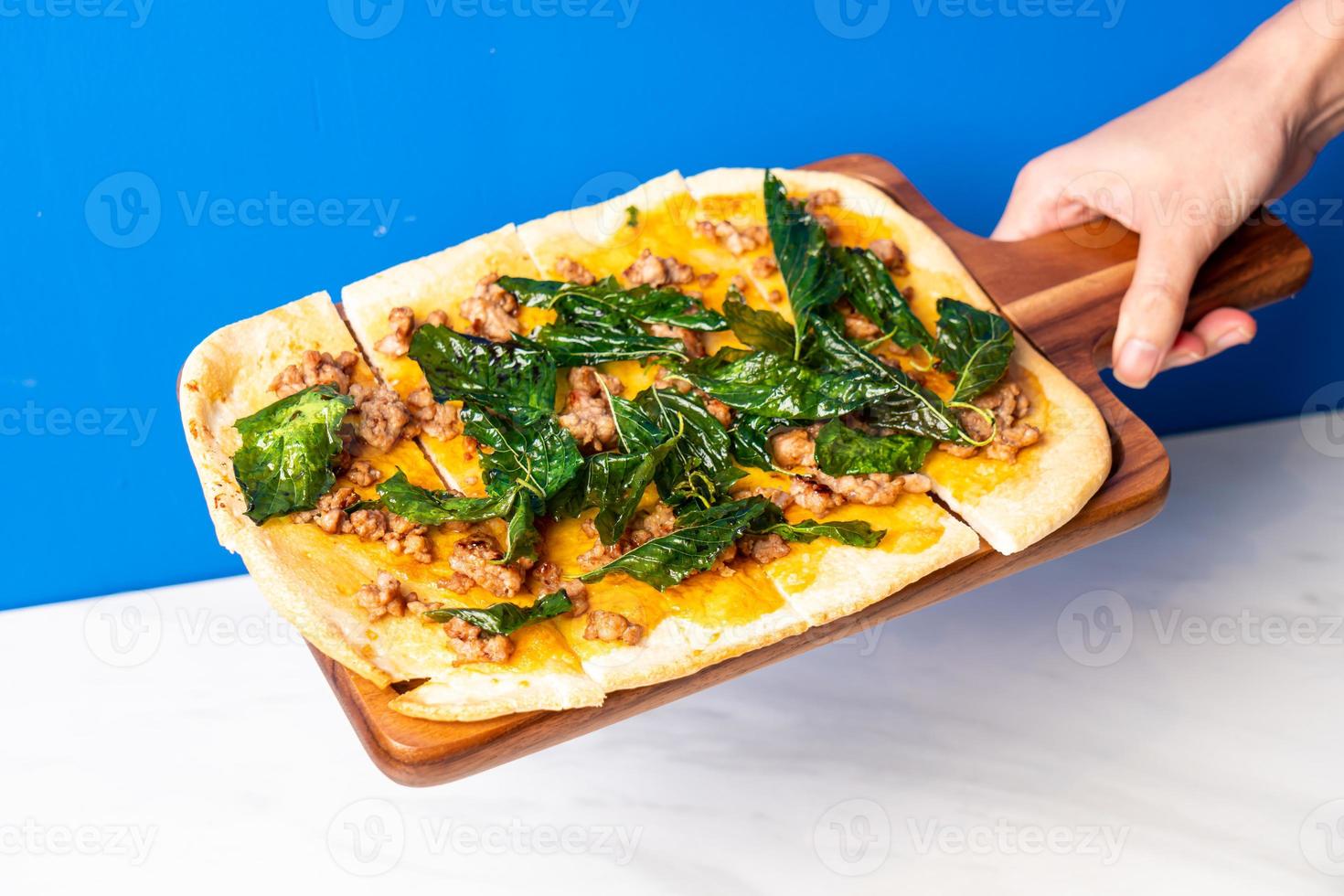 tart flambe minced pork with basil pizza 22570694 Stock Photo at Vecteezy