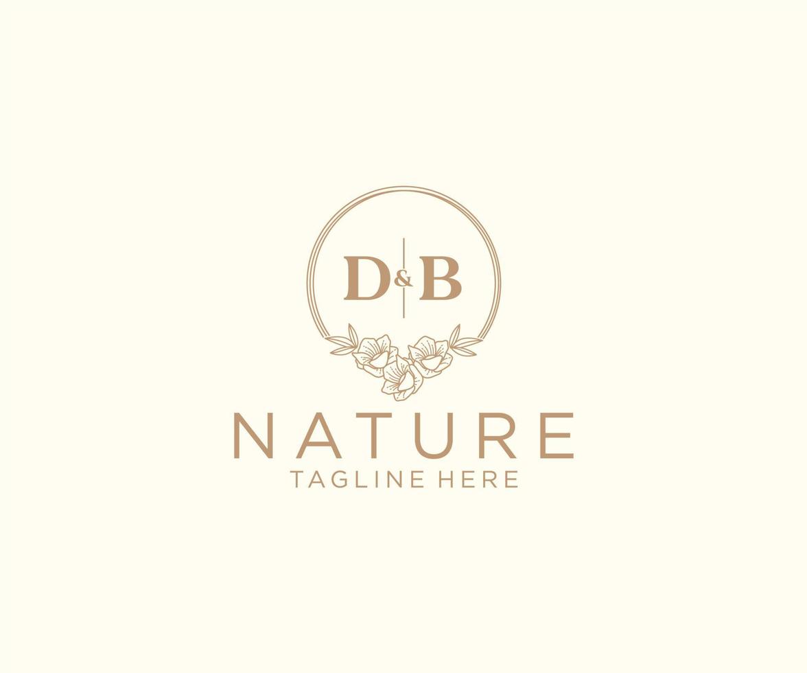 initial DB letters floral frames. Botanical feminine editable premade monoline unique decoration for greeting card, wedding invitation. vector