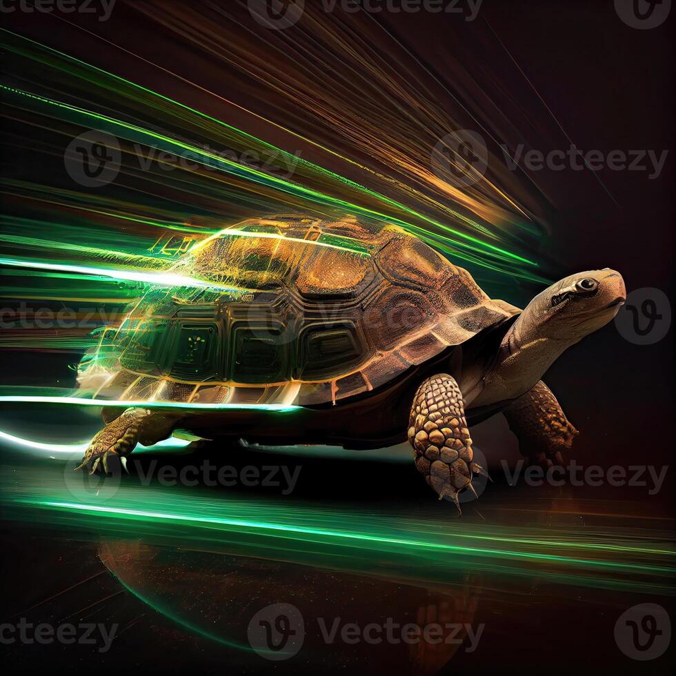 linda Tortuga gatear rápido con velocidad movimiento difuminar, desplazamientos concepto con muy rápido Tortuga corriendo en el calles generativo ai foto