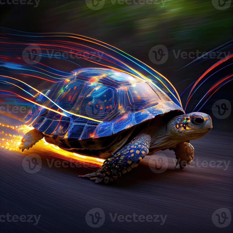 linda Tortuga gatear rápido con velocidad movimiento difuminar, desplazamientos concepto con muy rápido Tortuga corriendo en el calles generativo ai foto