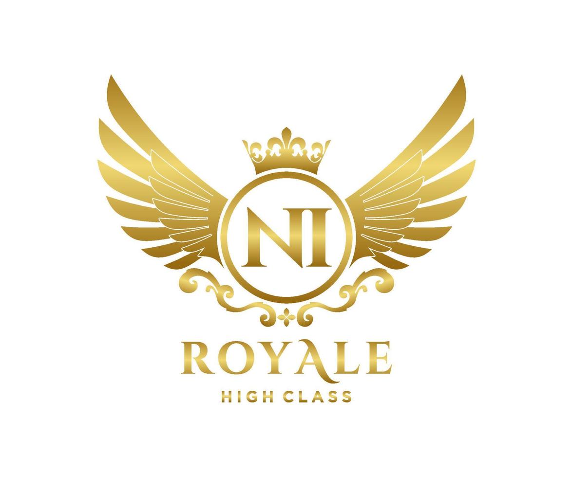 Golden Letter NI template logo Luxury gold letter with crown. Monogram alphabet . Beautiful royal initials letter. vector