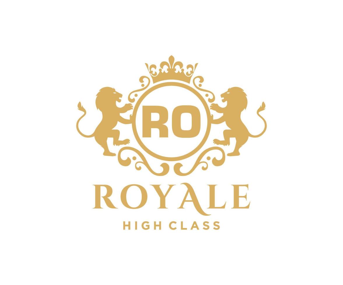 Golden Letter RO template logo Luxury gold letter with crown. Monogram alphabet . Beautiful royal initials letter. vector