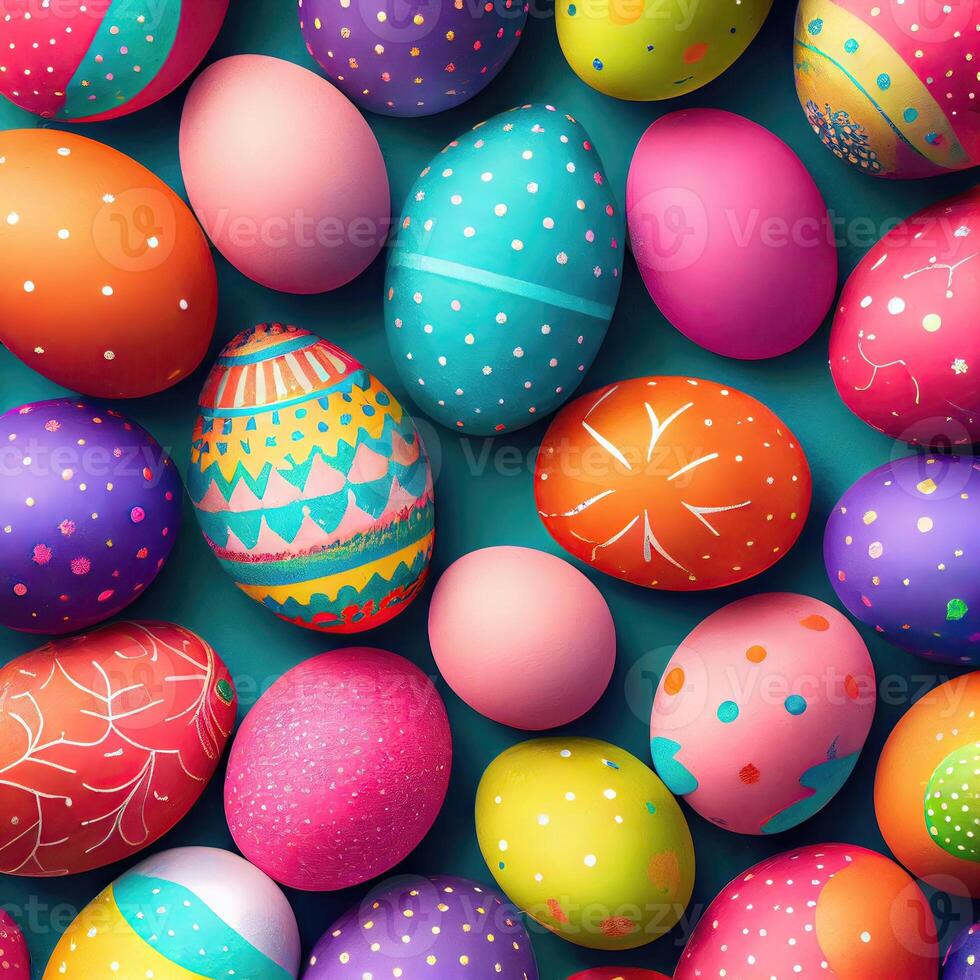 Top view photo of easter decorations multicolored easter eggs on isolated pastel background. Colorful Easter Egg bottom border over a pastel paper banner background. i