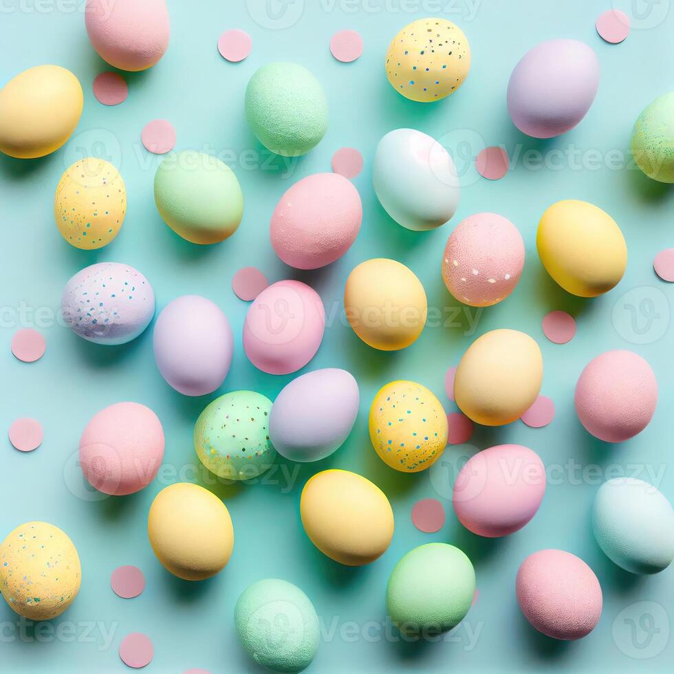 Top view photo of easter decorations multicolored easter eggs on isolated pastel background. Colorful Easter Egg bottom border over a pastel paper banner background. i