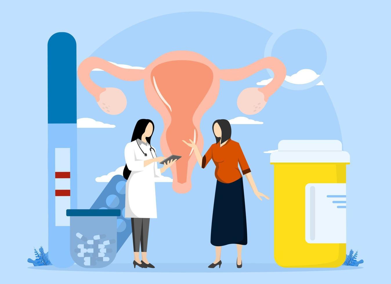 Pregnant woman visiting her gynecologist in medical office. Doctor talking to pregnant woman Consultation and checkup during pregnancy concept. problems in the field of femininity, Vector illustration