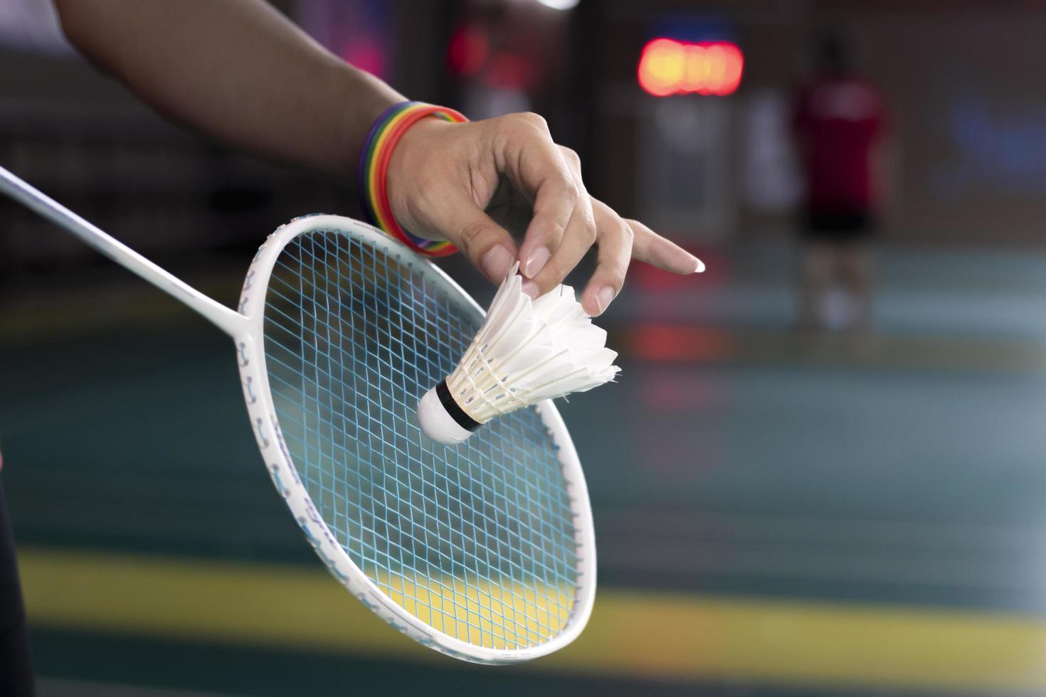 bádminton jugador usa arco iris pulseras y participación raqueta y blanco volante en frente de el red antes de servicio eso a jugador en otro lado de el corte, concepto para lgbt personas actividades. foto