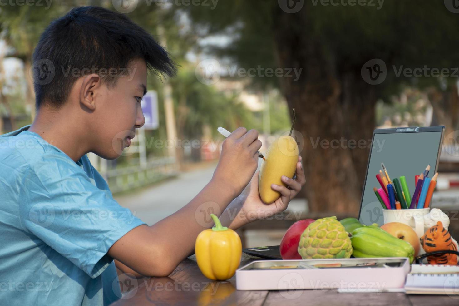 Asian boy in orange t-shirt sits on root of tree beside the pond in his  backyard garden and coloring tiger plaster doll during his weekend, recreational activity, relaxing and hobby at home concept. photo