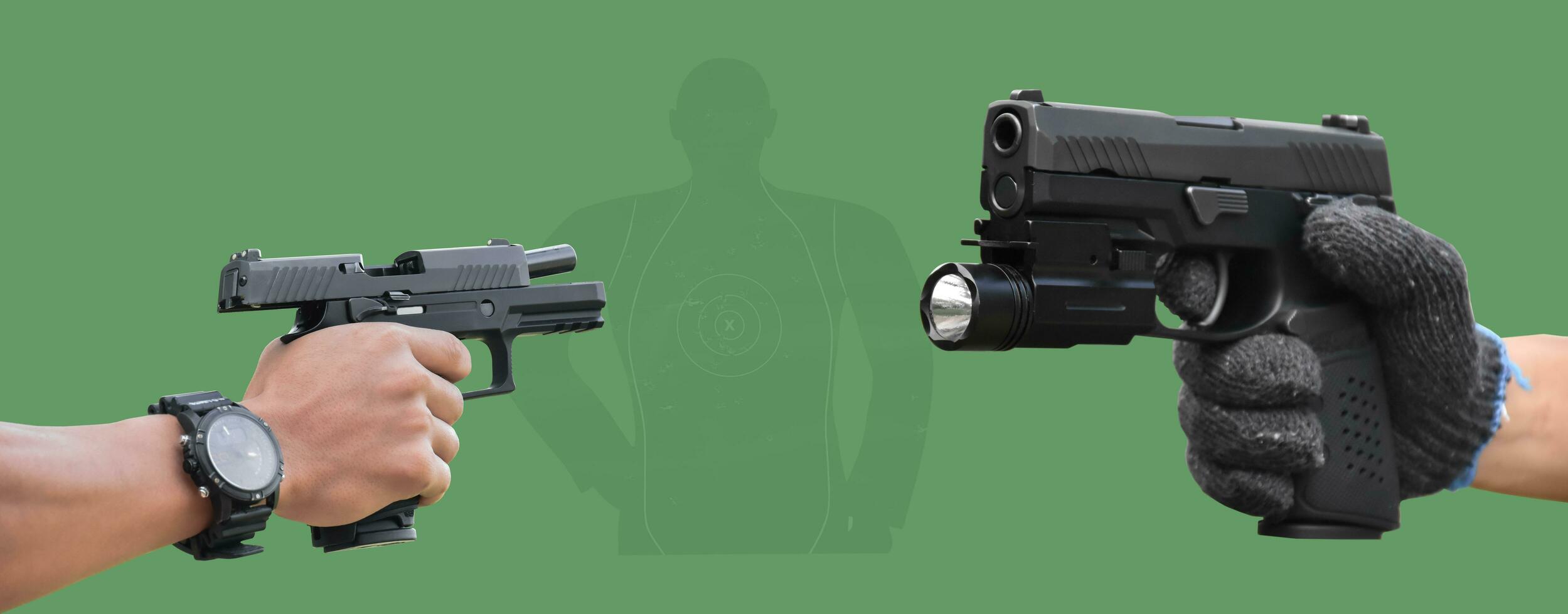 Isolated 9mm pistol gun holding in right hand of gun shooter with clipping paths. photo