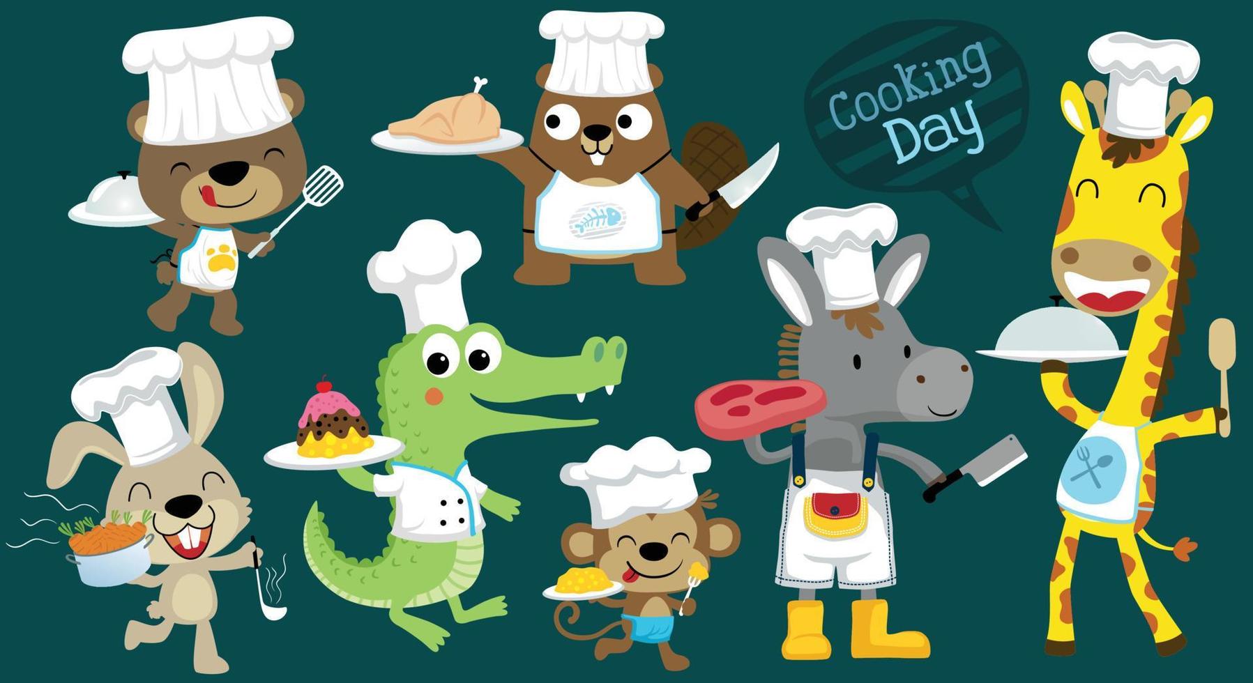 Vector set of cartoon funny animals in chef costume with dish