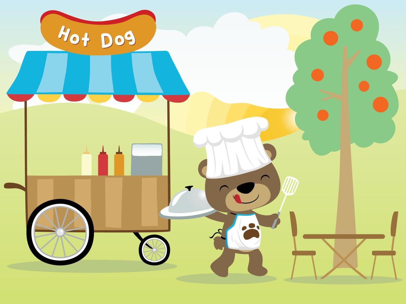 Vector cartoon of hot dog cart with cute bear on nature background