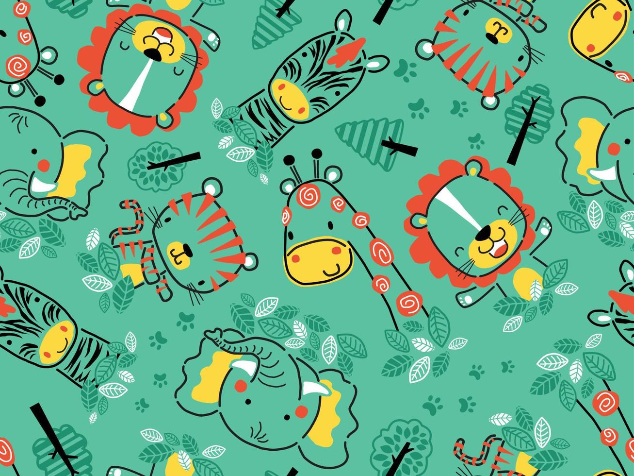 seamless pattern of hand drawn funny animals cartoon, jungle elements illustration vector