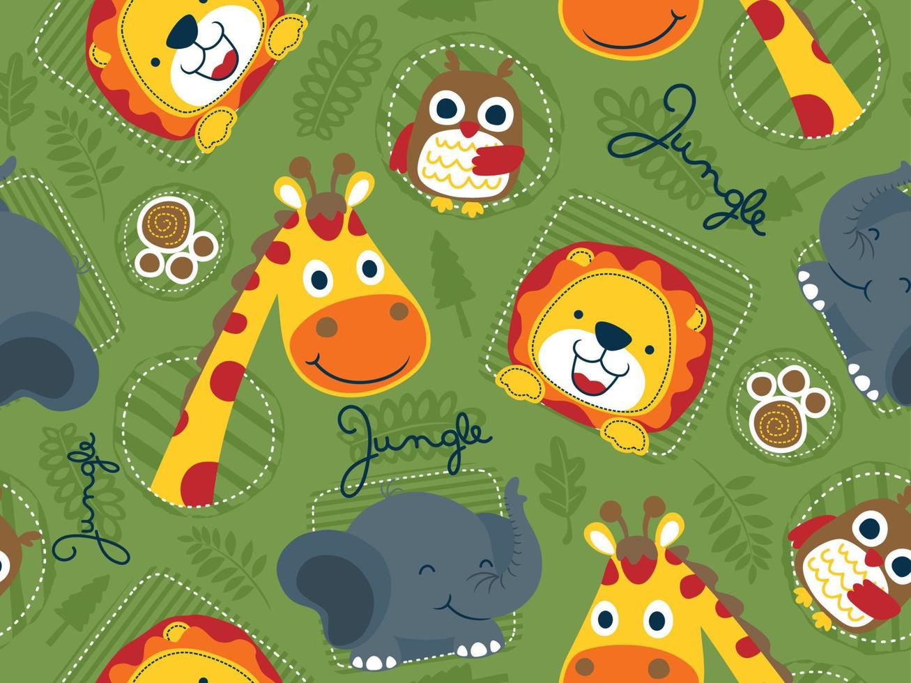 seamless pattern vector of cute animals cartoon, jungle elements illustration