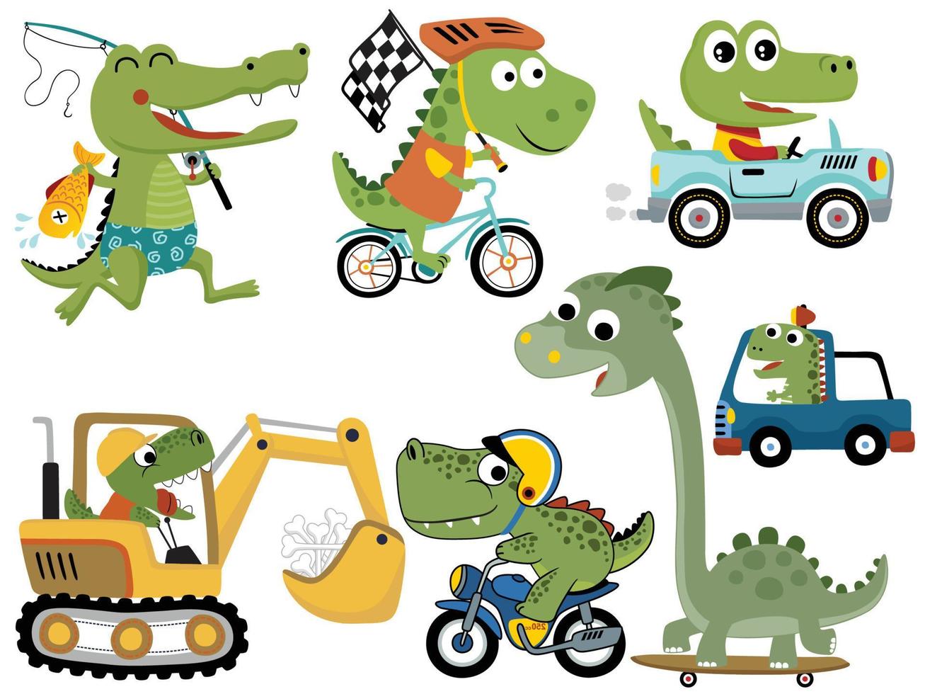 vector conjunto de linda dinosaurios dibujos animados en diferente ocupaciones