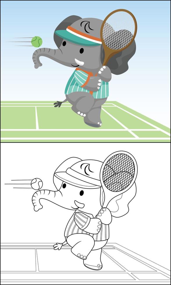 gracioso elefante dibujos animados jugando tenis, colorante libro o página vector