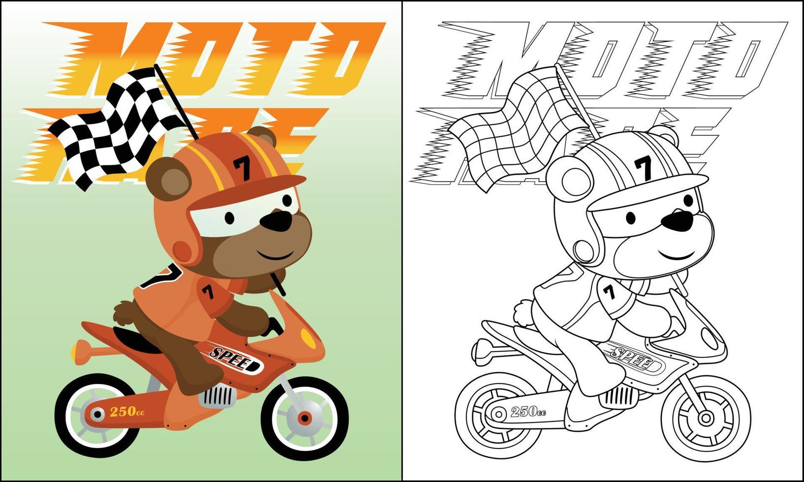 Vector cartoon of bear in racer costume on racing bike carrying finish flag, coloring book or page