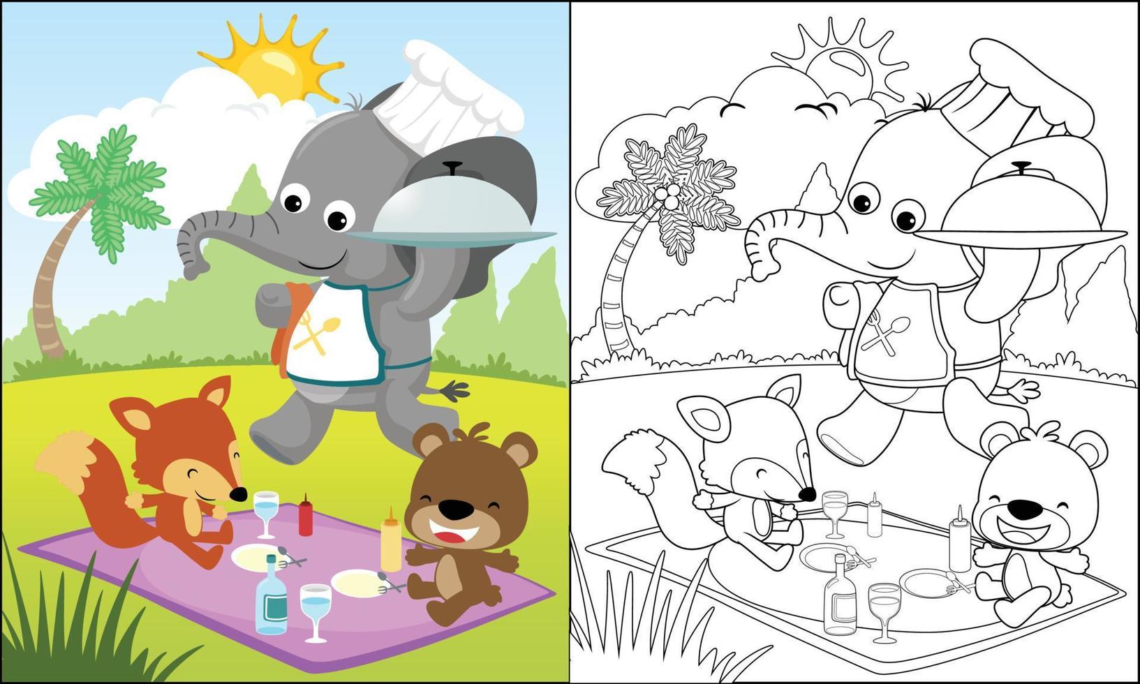 Vector cartoon of funny animals picnic in forest, coloring book or page