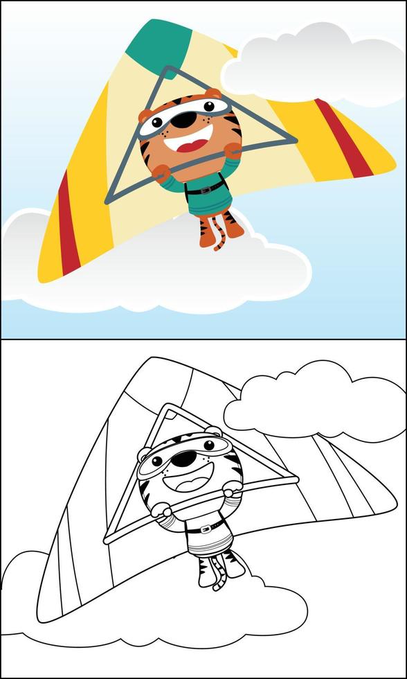 Vector illustration of cute tiger cartoon riding hang glider, coloring book or page