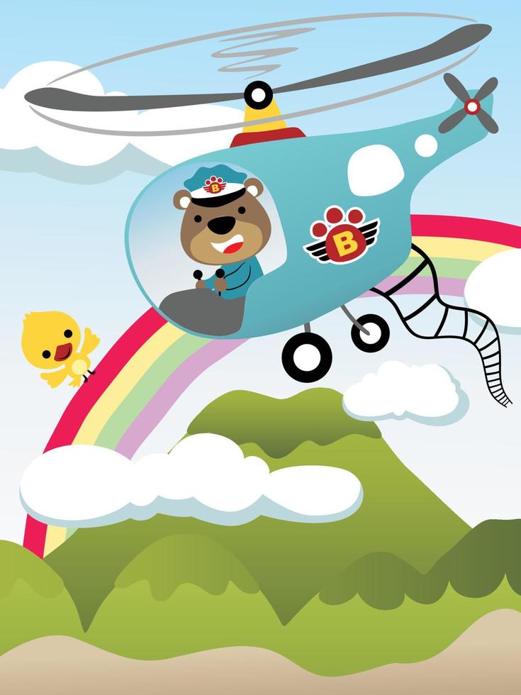 Vector cartoon of cute bear driving helicopter on sky objects background, bird perch on rainbow