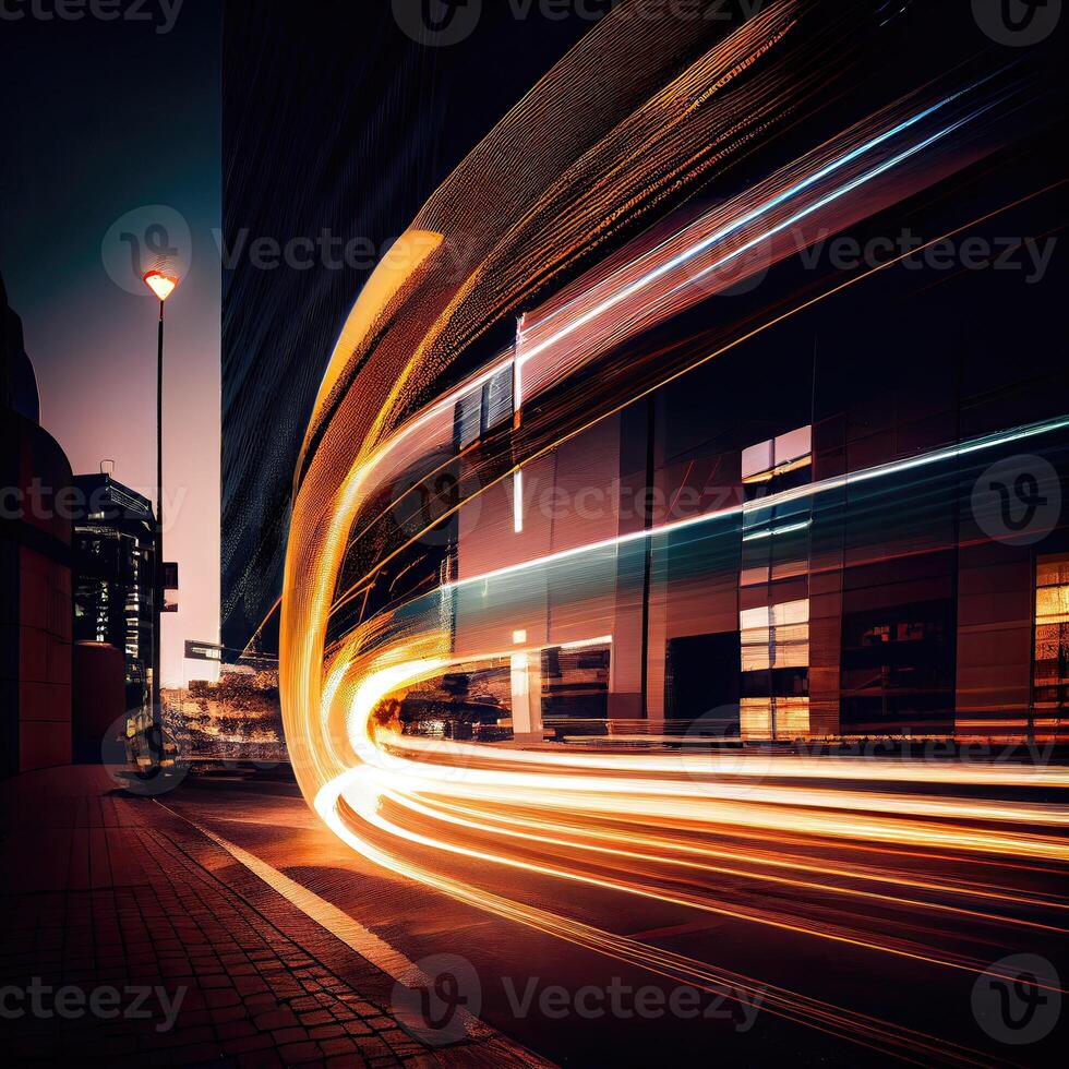A bus is moving along a city street with long exposures of the lights on the bus and the building behind the train. the bus transportation system, high-speed. photo