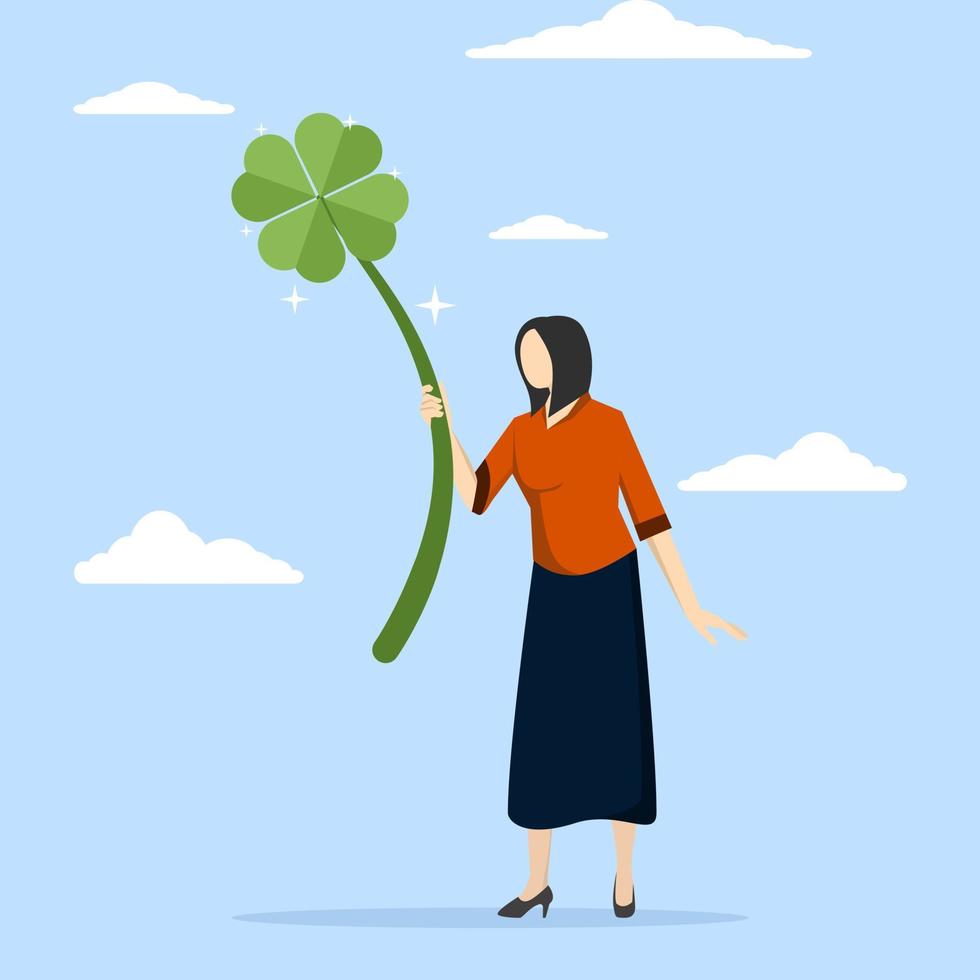 Luck for success, blessing for job opportunity, luck or opportunity, luck or happiness concept, lucky businesswoman holding lucky clover leaf. vector