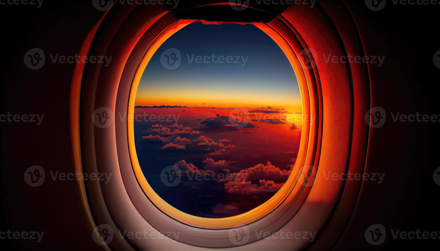 beautiful sky view from a window plane on a flight to travel with navy blue sky and clouds background. photo