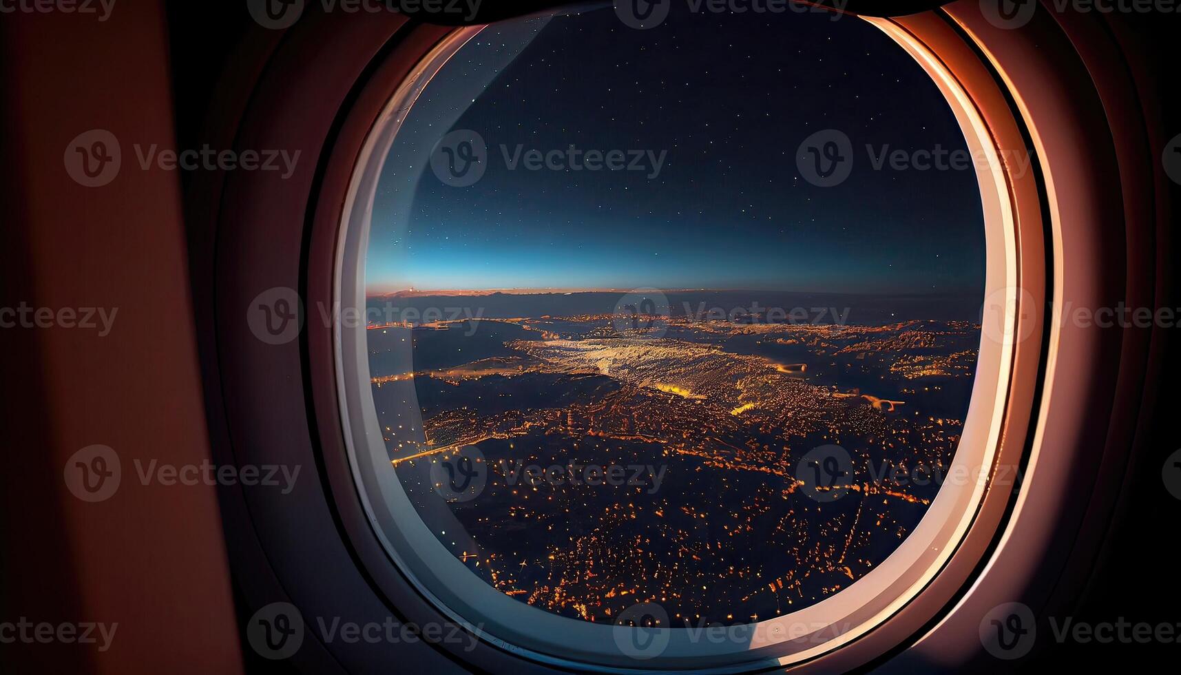 beautiful sky view from a window plane on a flight to travel with navy blue sky and clouds background. photo