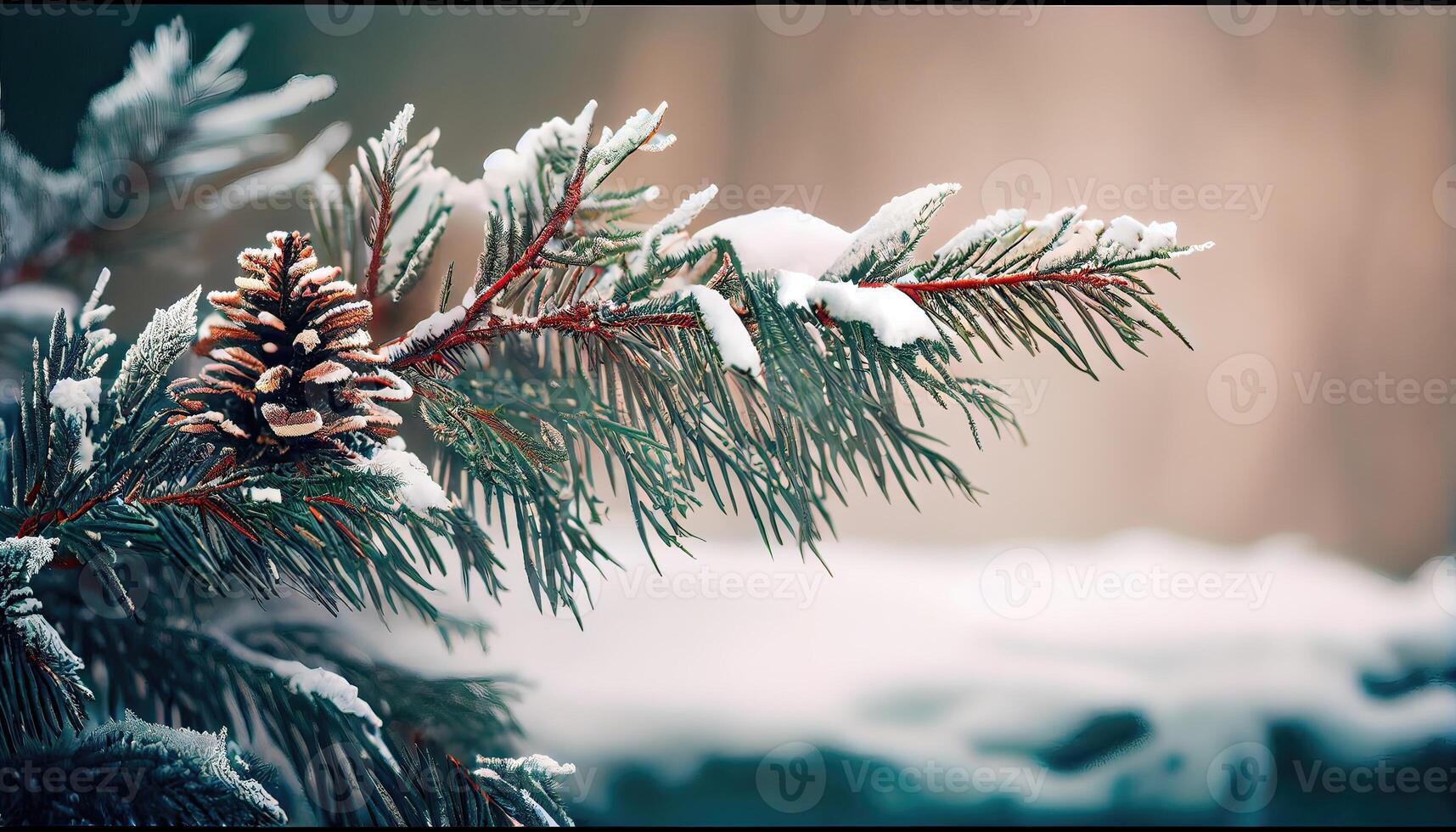 Fir Branch With Pine Cone And Snow Flakes - Christmas Holidays Background. Frosty Christmas tree outdoors. Winter background, close-up of frosted pine branch on snowing with copy space. . photo