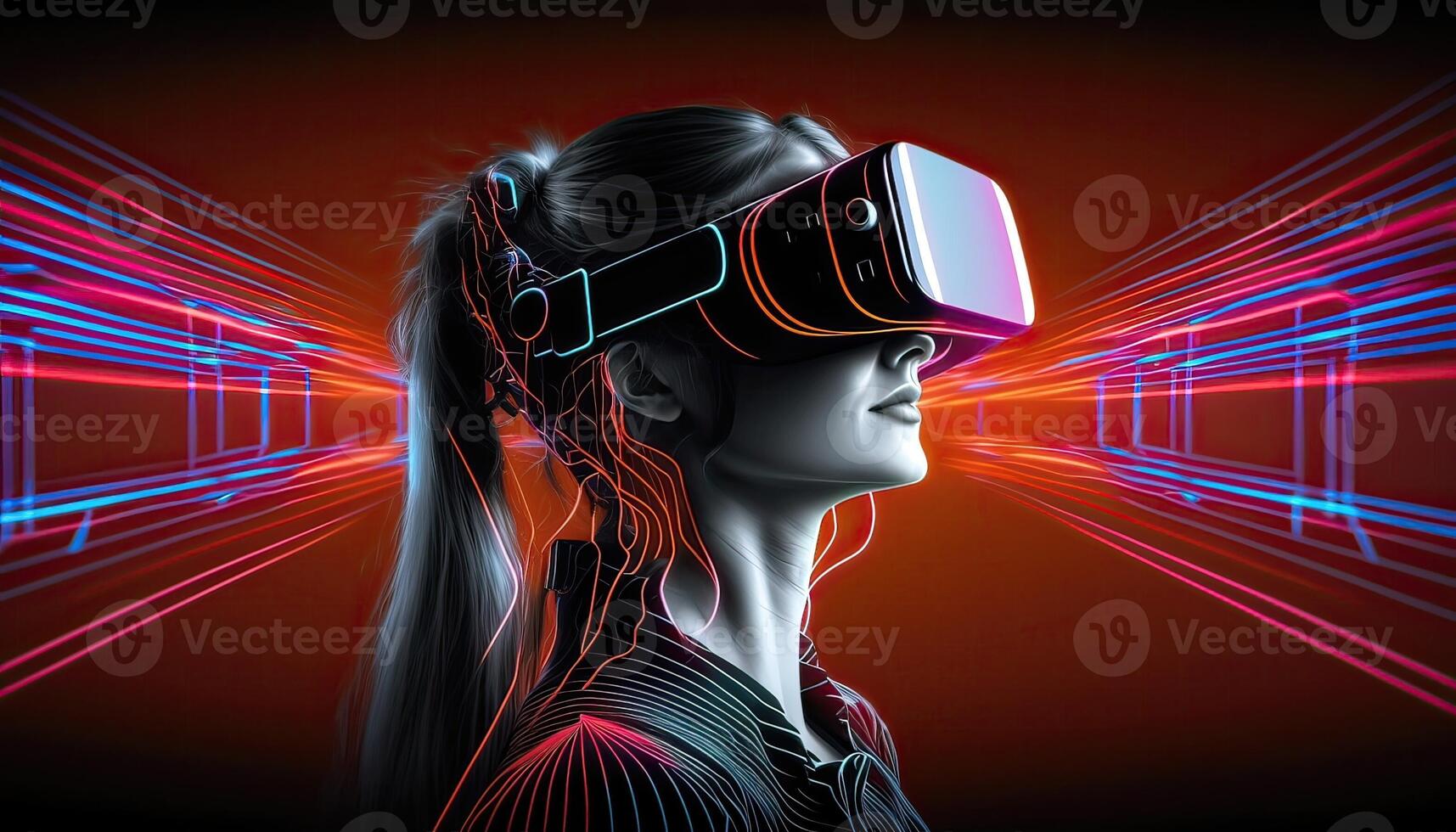 Woman wearing virtual reality goggles standing in virtual world background. Concept of virtual reality technology. Non-existent person. photo