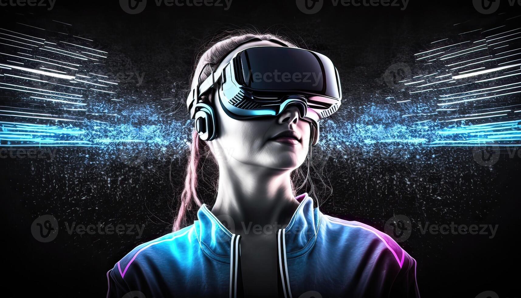 Woman wearing virtual reality goggles standing in virtual world background. Concept of virtual reality technology. Non-existent person. photo