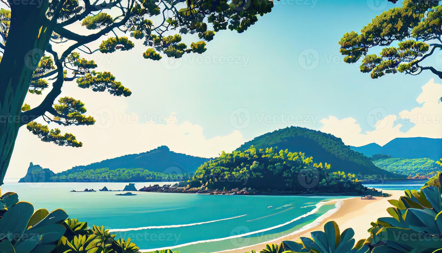 Sky and sun at sea background, ocean and beach vector island scenery empty flat cartoon. Ocean or sea water with waves and clouds in sky summer blue seascape with cloudy sky and seaside. photo