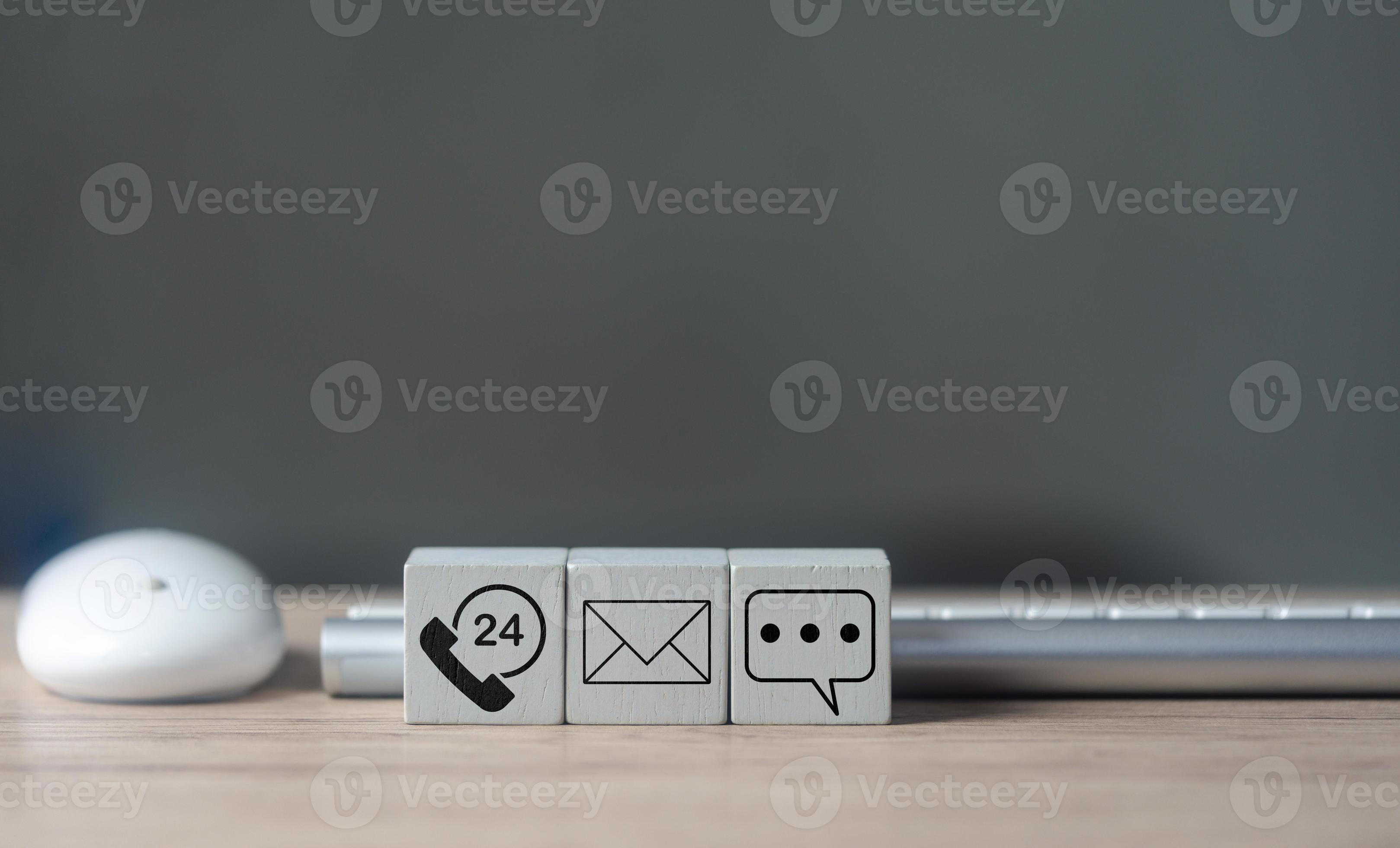 Cube wood with the call phone, address, chat message icons with