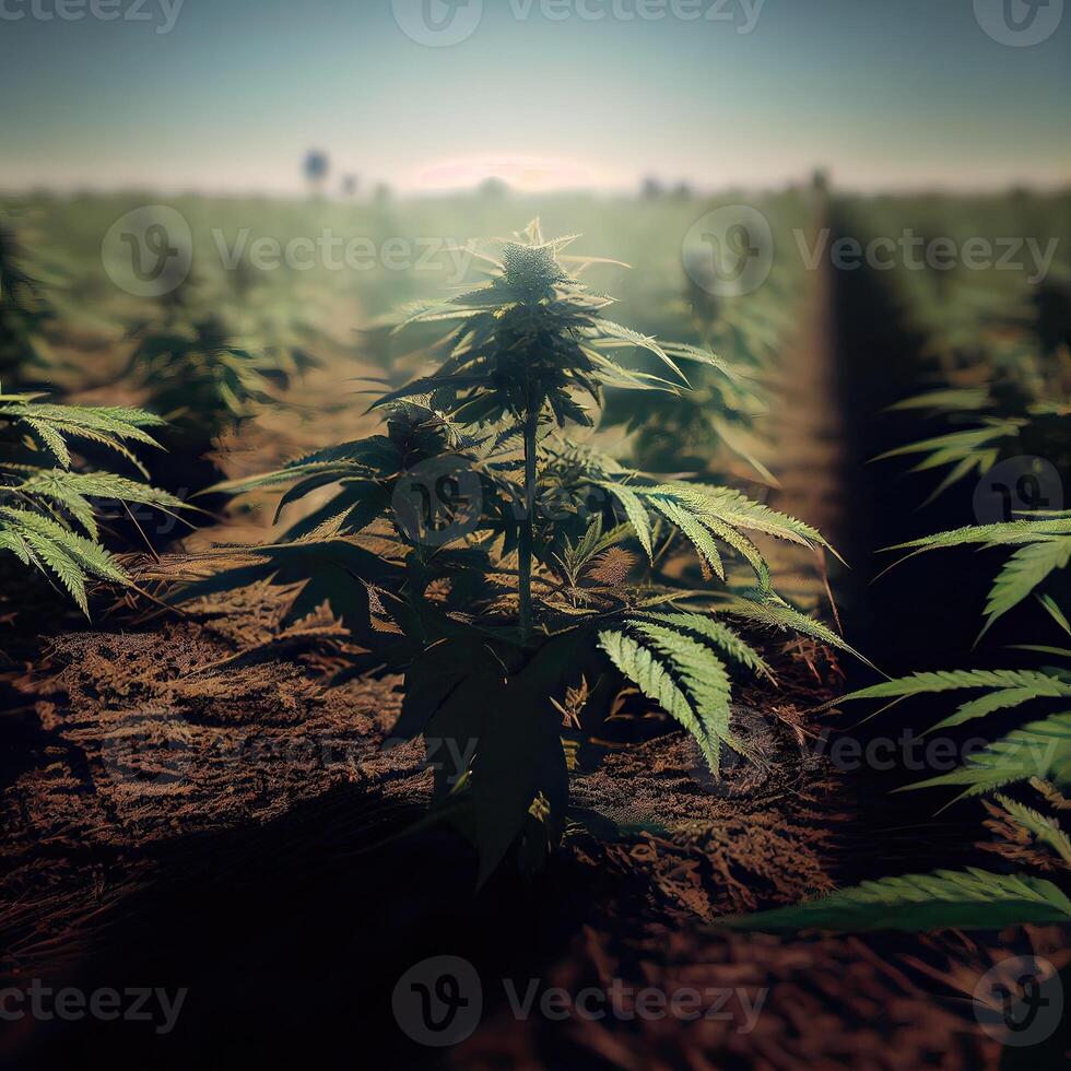 Mature Hemp Flower Cola Top with Green Leaves, Farm and Mountains in Background, Organic Cannabis Sativa Female Plant Grown in Oregon for CBD, Side View with Landscape. photo