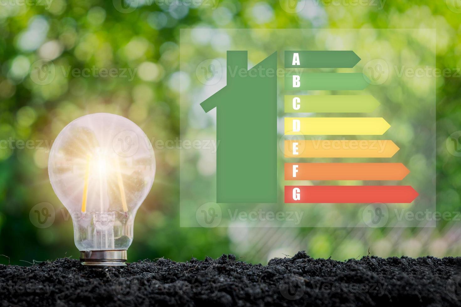 Light bulb on soil with house icon energy efficiency scale image on virtual screen, Concept of ecological and bio energetic house. Energy class. photo