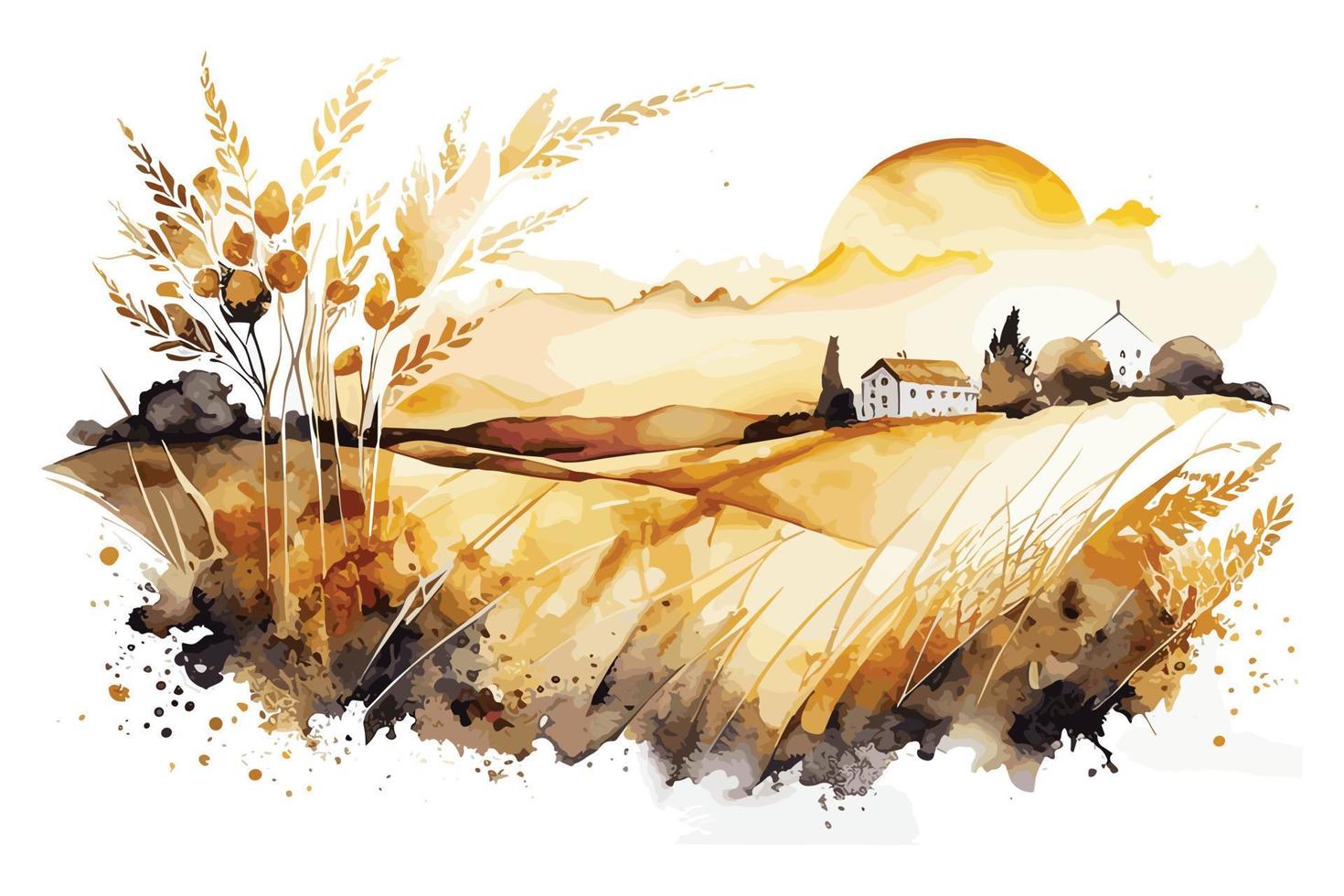 watercolor golden fields with crops illustration design vector