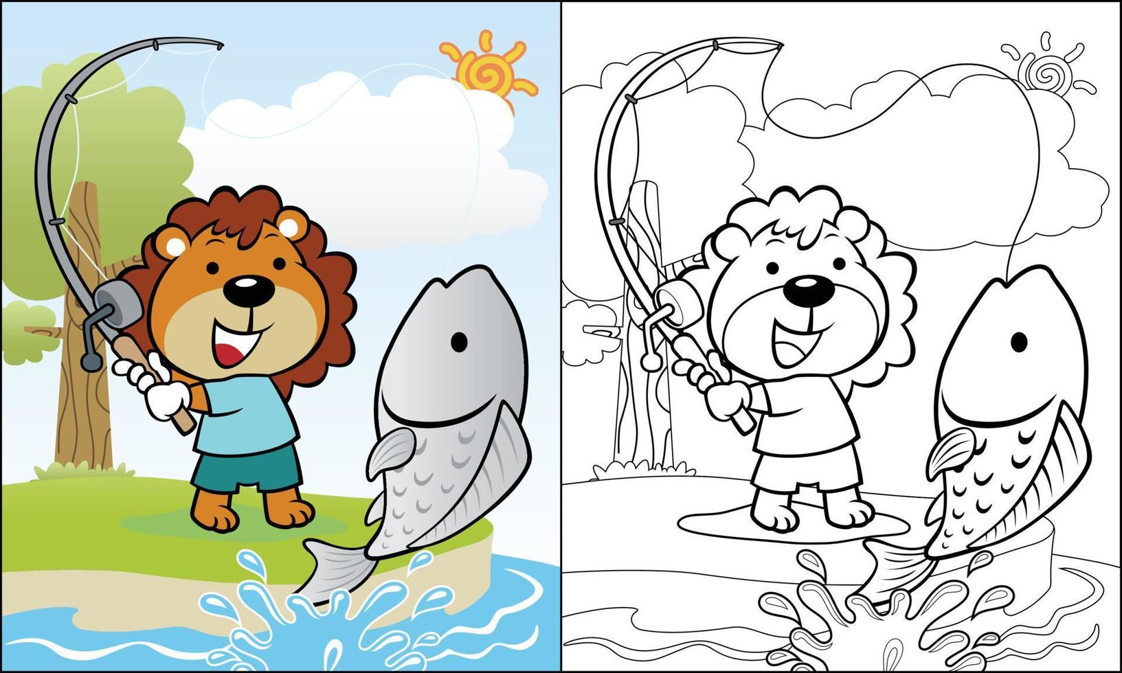 Vector cartoon of funny lion fishing in a river, coloring book or page