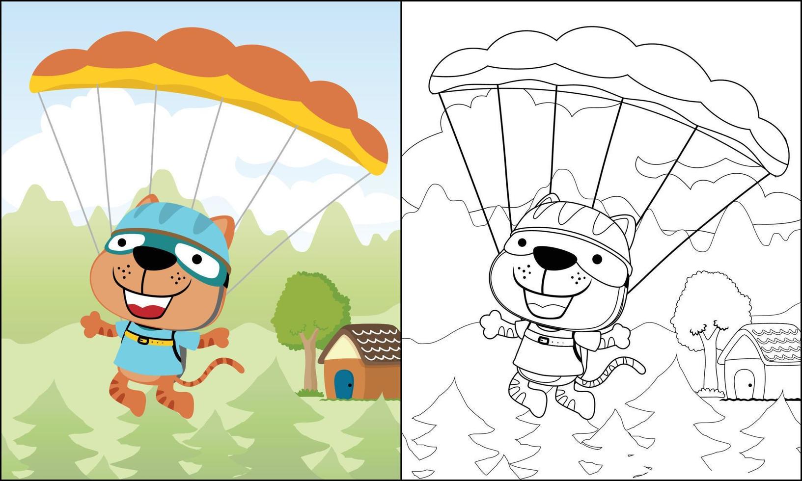 Vector illustration of cartoon little cat skydiving on nature background, coloring book or page
