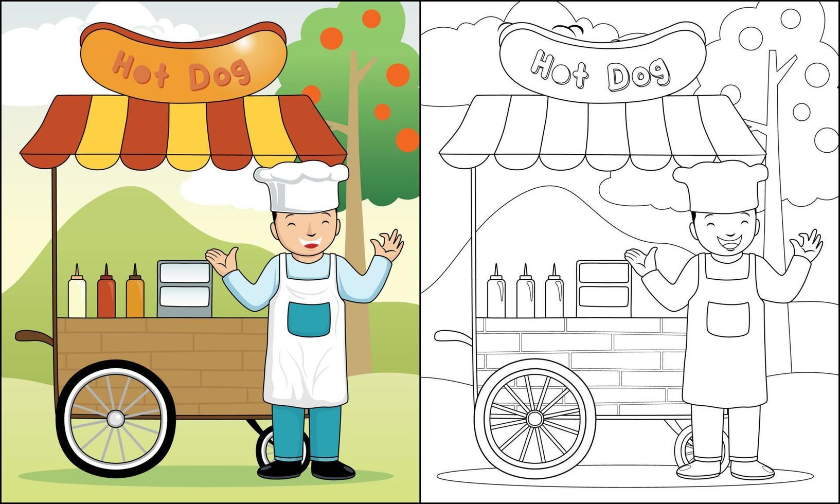 hot dog street cart with seller on nature background, coloring book or page vector
