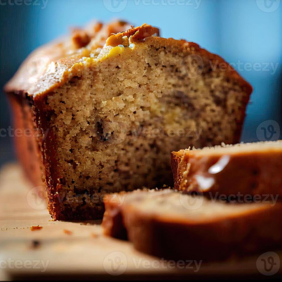 Homemade banana bread on wooden background. Banana Bread Nut Loaf. banana bread loaf that is sliced into with one slice in front. photo