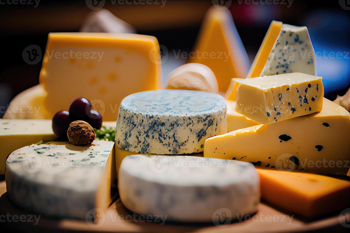 Different types of cheeses on a wooden background. Assortment of cheeses. Side view. Cheese variety on dark rustic backgrounds. Soft and hard cheeses. photo
