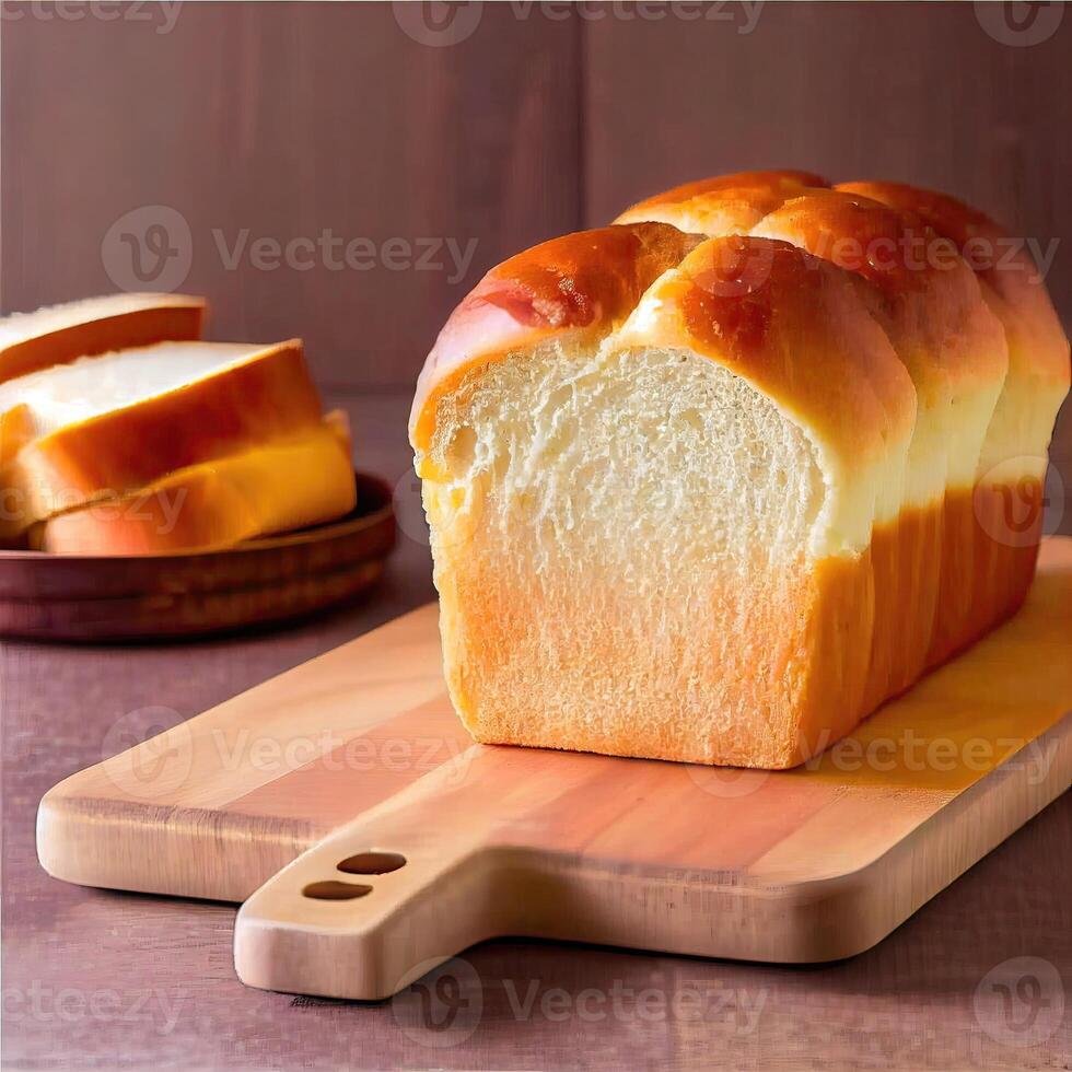 Homemade soft, fluffy white bread loaf, Japanese milk bread. The bread has a brown golden crusty exterior and soft fluffy interior loaf. photo
