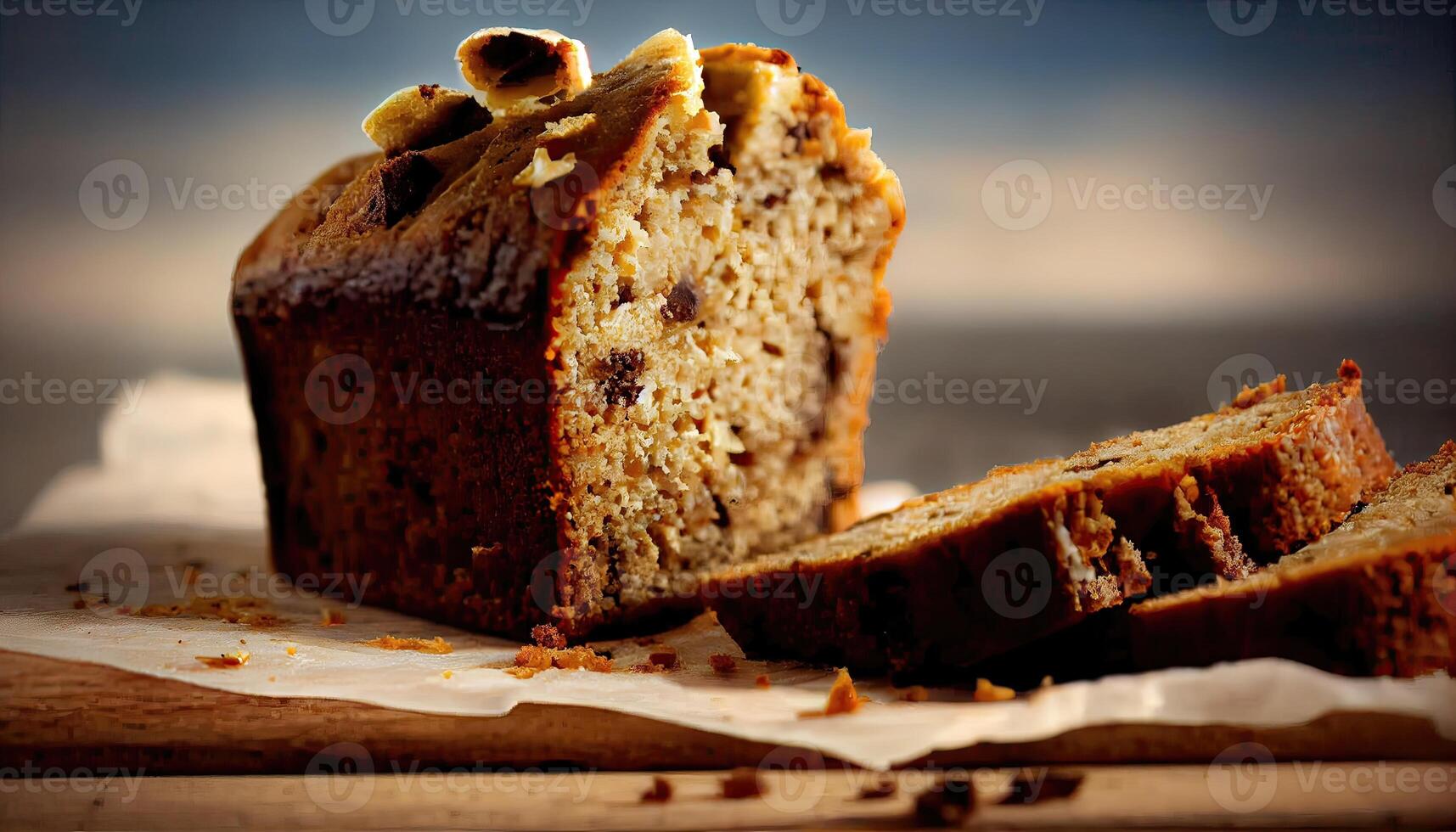 Homemade banana bread on wooden background. Banana Bread Nut Loaf. banana bread loaf that is sliced into with one slice in front. photo